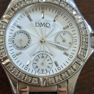 DMQ Silver Chronograph Style Watches Crystal Bezel Womens Bracelet Quartz Chic